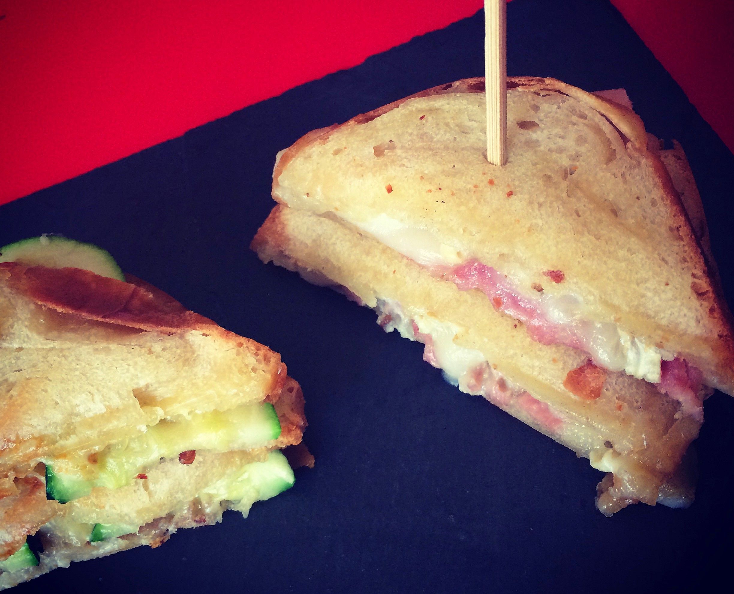 Croque-Monsieur ham/goat’s cheese and zucchini/comté cheese and Roscoff onion butter